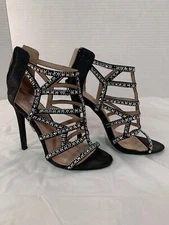 Top Moda Womens Size 6 Black Sparkly Rhinestone Stiletto Caged Cut Out Heels