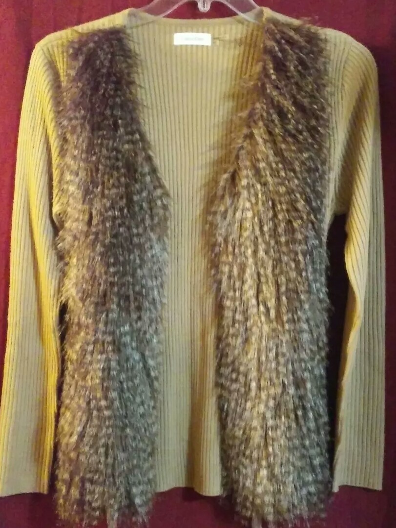 Calvin Klein Women Cardigan Jacket Sweater Faux Fur Brown Size