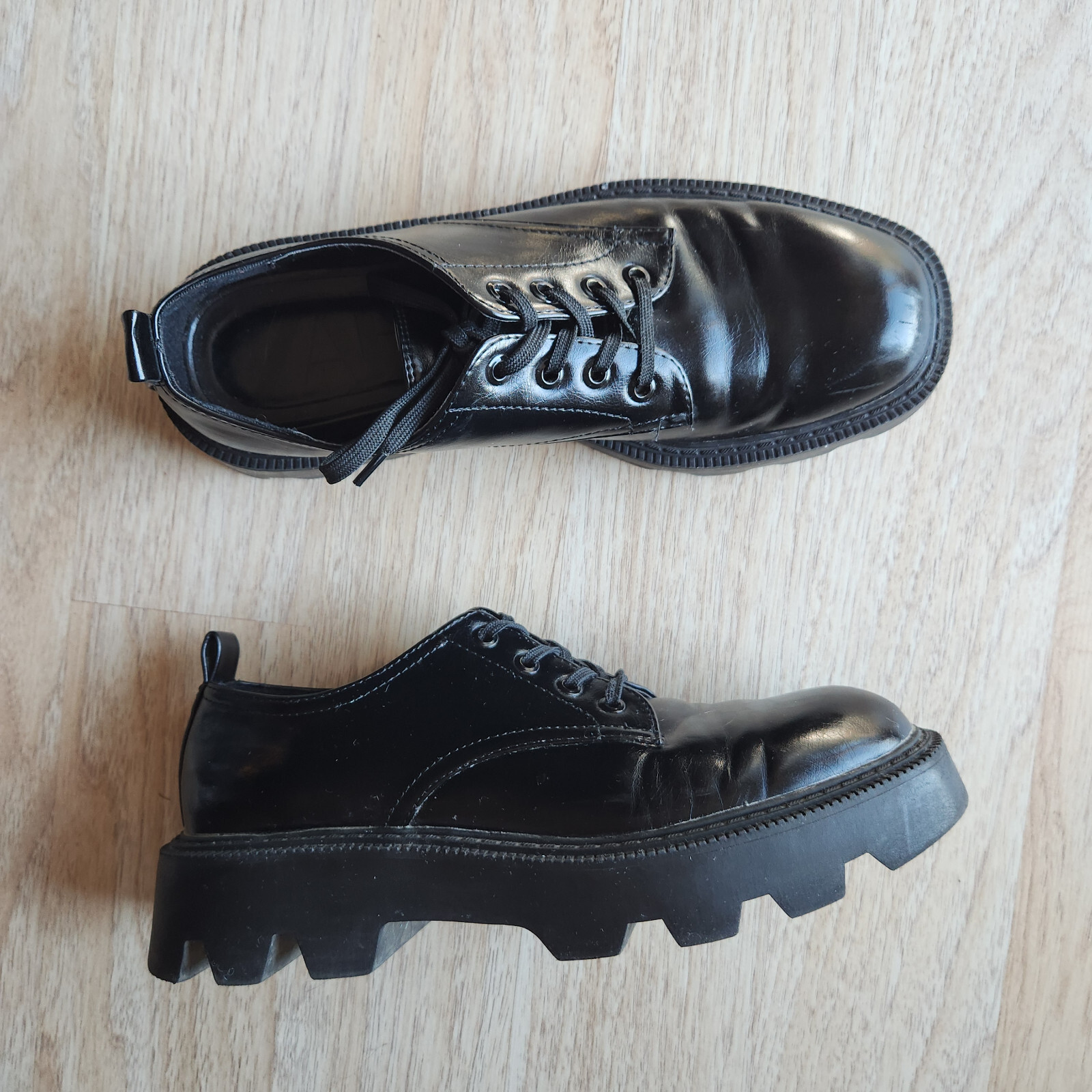 SAOLA Scarpe derby Zara suola a strappo grossa stringate nere ecopelle vernice donna EU40