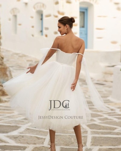 Modernes Chic Tüll Brautkleid Kurz Standesamtkleid Maßanfertigung Ivory Weiß Neu - Bild 3 von 5