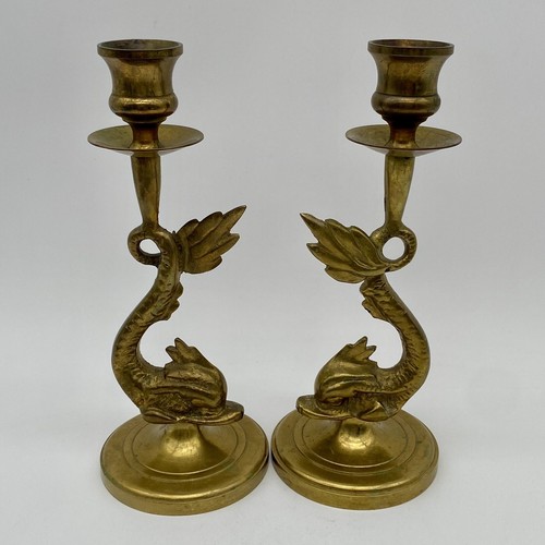 Set 2 Vintage Brass Mythical Nautical Dolphin Sea Serpent Koi Candlestick Holder - Picture 4 of 12