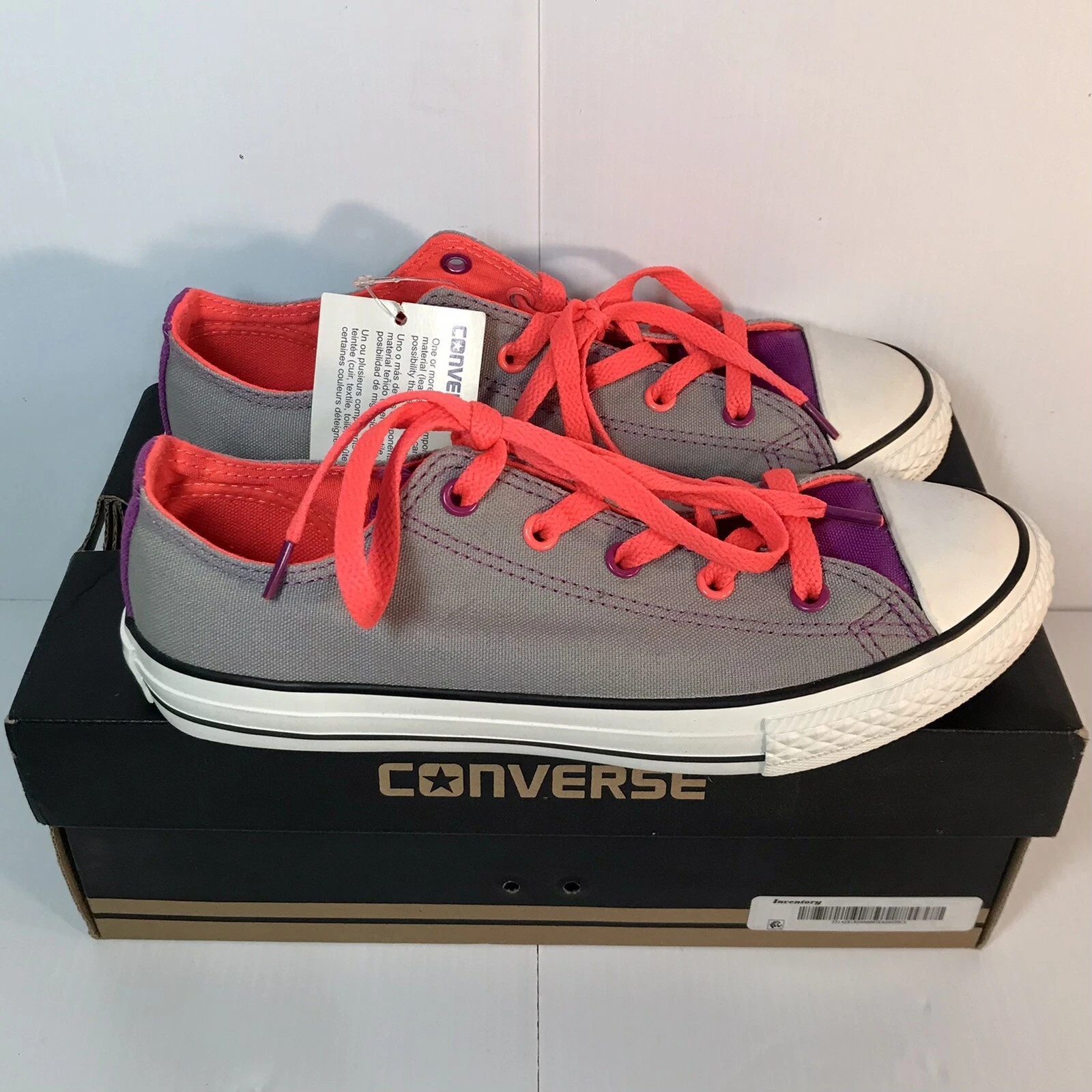 Sneakers Converse All Star Junior Taglia 4 NUOVE Grigio Viola Arancione Doppia Lingua