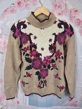 Vintage Chrysantheme handgestrickter Blumen Pullover Damen Gr. M Ramie Cotto