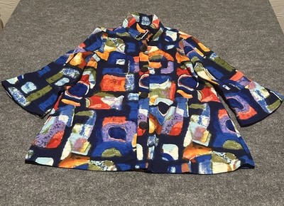Ali Miles Women s L Button Blouse Multicolor Artsy Festival Bell Cuff Boho EUC