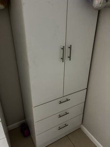 2 White Freestanding Wardrobe Armoire, 2 Hinged Doors, 3 Drawers Solid