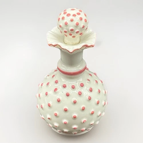 Vintage Pink & White Milk Glass Hobnail Perfume Bottle with Stopper 5” Tall