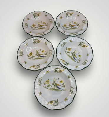 5 - VARAGES  Bird & Butterflies  9.25'' Lg Soup Bowls Vieux Provence Green FRANCE
