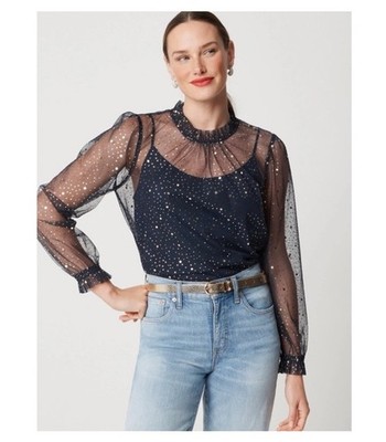 NWT J. Crew Sparkle Tulle Ruffle Neck Blouse Keyhole Navy Size S Msrp 118.00