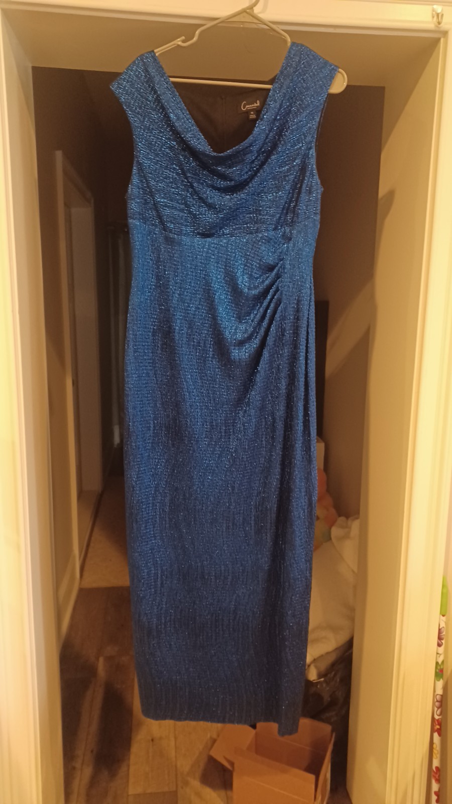 Connected Apparel Size 14 Blue Sheath Dress Sleeveless Long Cowl Neck Ruched Zip