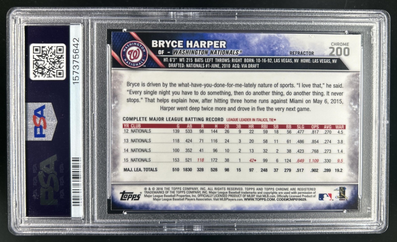 2016 Topps Chrome Bryce Harper Image Variation Refractor #200 PSA 10 GEM Mint view 2
