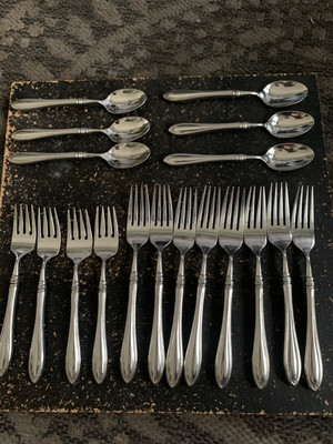 18pcs Oneida Cube SHERATON Stainless 6 Tea Spoon 4 Salad 8 Dinner Forks
