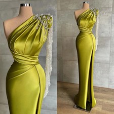 One Shoulder Mermaid Evening Dresses Beads Prom Gowns Lace Long Sleeve HighSplit