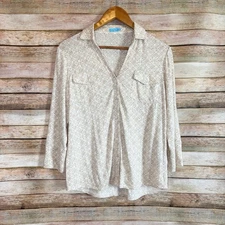 J. McLaughlin Women's Brynn Linen Blend Geometric Print 3/4 Sleeve Top Size M