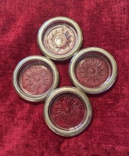 4 Leonard Round Silver Tone Metal & Glass Sunburst Coasters, Clear- Very Good