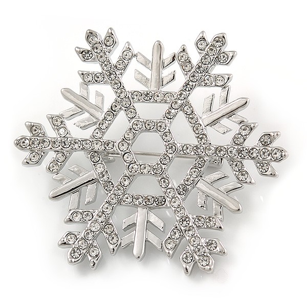 Rhodium Plated Clear Crystal Snowflake Brooch/ Pendant - 45mm D