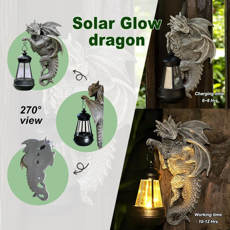 Estatua de dragón solar decoración de jardín al aire libre - arte de patio de fantasía medieval, caprichoso Foto 3 de 4