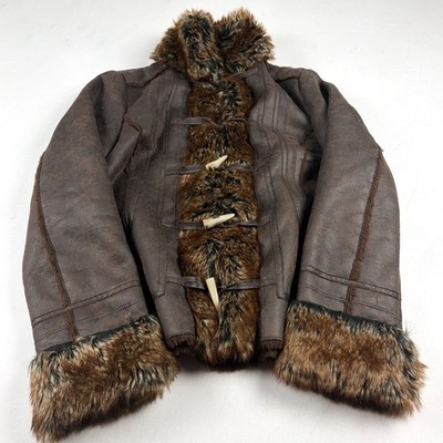 Vintage Faux Fur Toggle Jacket Brown Sherpa Winter Coat Y2K Boho Fashion