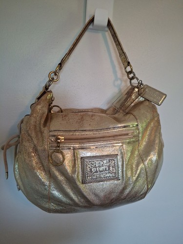 Coach Poppy Hobo Bag Purse Gold Metallic W/ Clear & Leather Tag One Strap - Picture 17 of 24