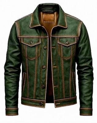 Trucker Leather Jacket For Men Real Sheepskin Vintage Style Leather Jacket Green