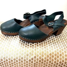 Lotta from Stockholm Dark Hunter Forest Green Leather Wood Heel Clog Sandals 41