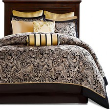 King 12 Piece Cotton Polyester Comforter Set in Black  Gold Paisley