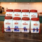 Vintage Hazel Atlas Milk Glass Spice Shaker Jar Set Dutch Theme Metal Rack 1950s