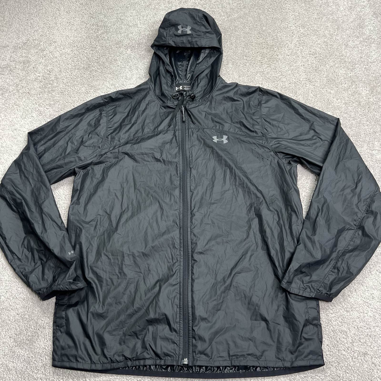 Under Armour Storm Windbreaker Jacket Mens Large Hoodie Black Lightweight Zip