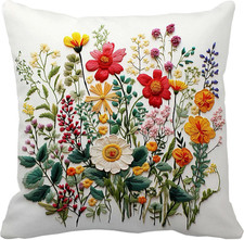 Wildflower Faux Embroidery Print 18X18 Inch Throw Pillow Cover Boho Floral Embro