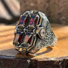 Anello grande uomo fatto a mano pietra rubino, anello uomo stile ottomano, unica grande pietra rossa