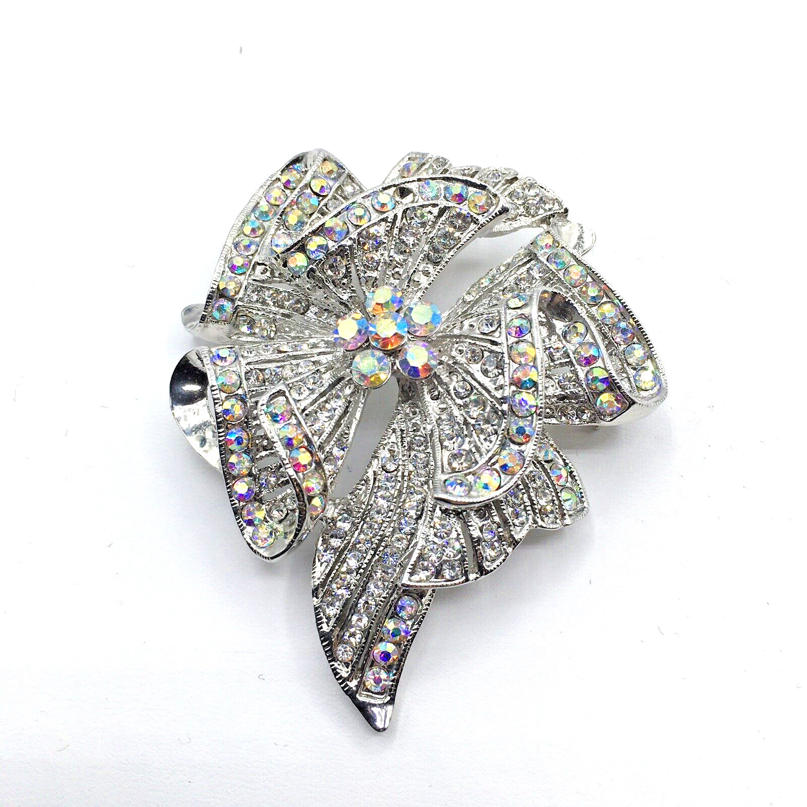 Large Scroll Ribbon Waterfall Silver Tone Clear R… - image 1