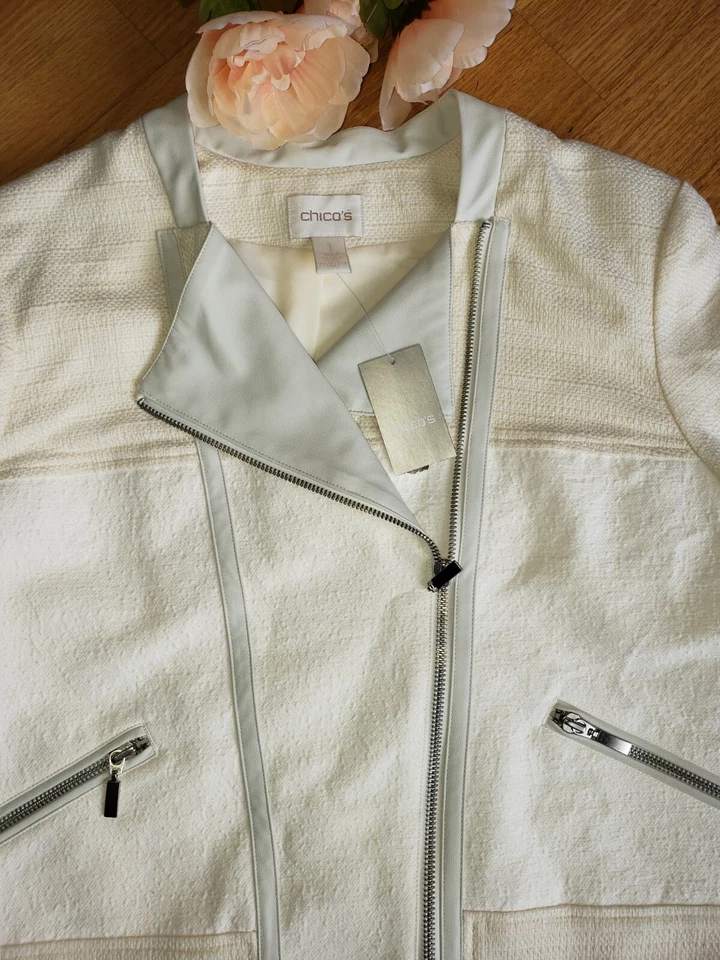NWT Moto Jacket Ivory Gray Zip Pockets Sz Med 8 Retro Hip Rocker Party Biker - Image 3 of 4
