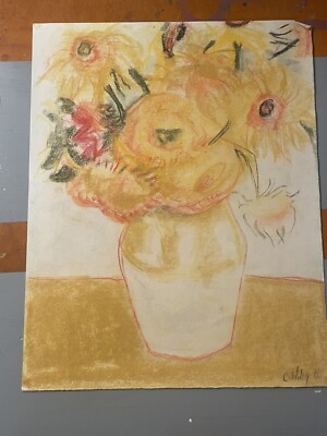 Vintage Original Art Flowers in Vase Unframed 1980 C Wiley