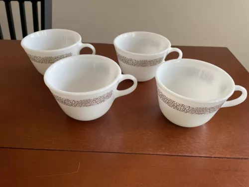 Vtg Set Of 4 Pyrex Milk Glass Mugs Coffee Cups Woodland Brown Pattern 1970's