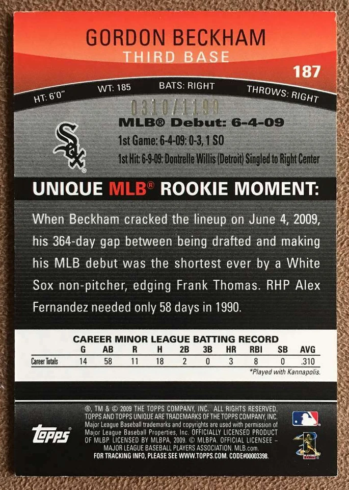 2009 Topps Unique Red Gordon Beckham Rookie /1199 Chicago White Sox #187 - Image 2 of 2