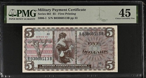 Military Payment Certificate, $5 Series 661, PMG 45 Choice Extremely Fine MP43