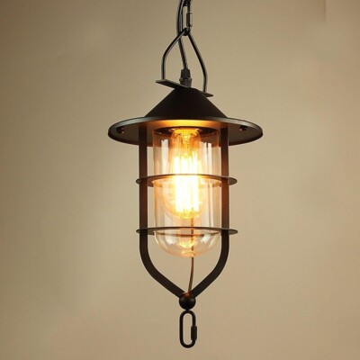 LED Modern Chandelier Lamp, Nostalgia Iron Black Lamp W/Transparent Glass Shade