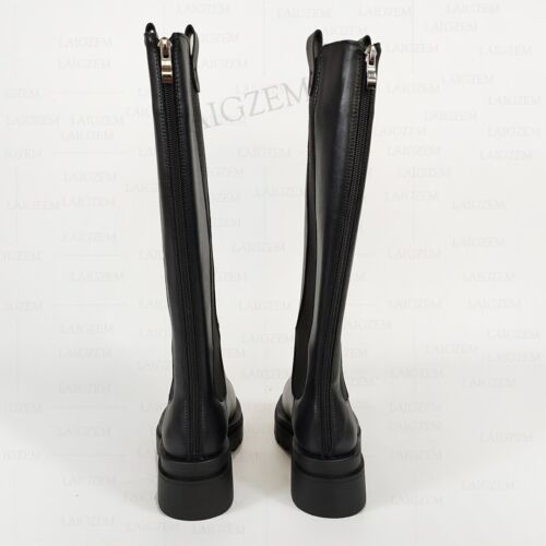 Women Knee High Boots Leather + Elastic Band Back Zip Block Heels Boots Shoes - Picture 3 of 6