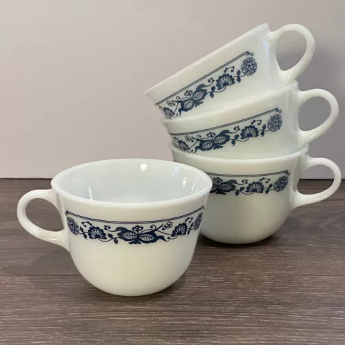 Set of 4 Vintage Pyrex Old Town Blue Onion Milk Glass Flat Cup Coffee Mug UNUSED