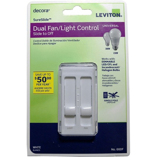 Leviton Decora SureSlide Fan & Light Dimmer Switch R02066DF00W for