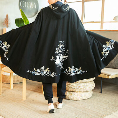 Men Hooded Cotton Linen Hanfu Cape Cloak Printed Coat Chinese Ancient Costume