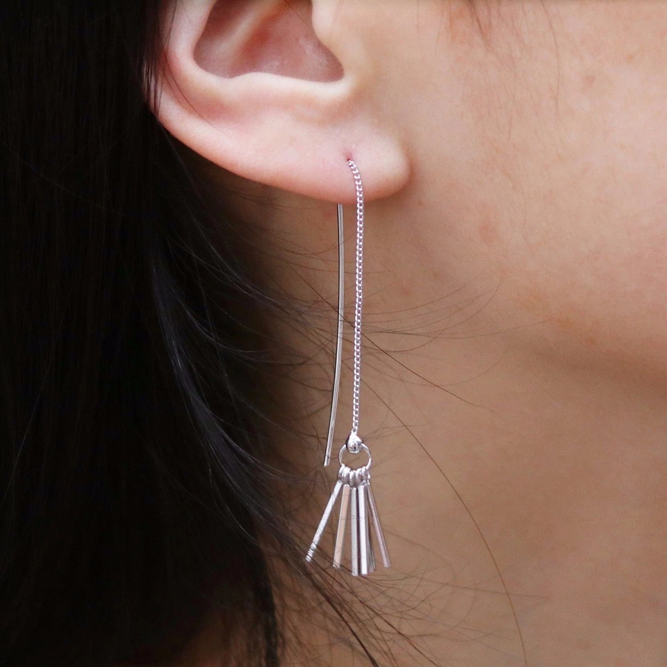Stunning 18K White Gold Filled Drop Bars Dangle Thread Threader Stud Earrings - Image 2 of 4