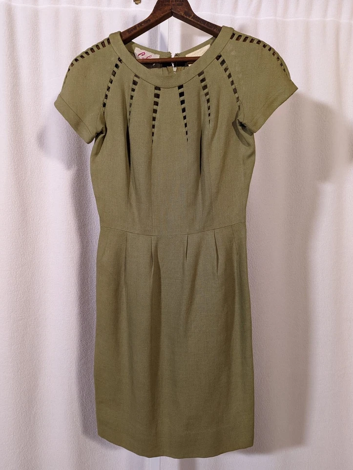 Vestido De Colección Años 50 Verde Atómico Geométrico Moygashel Lino Carlye Recortado MCM EE. UU. Foto 4 de 4