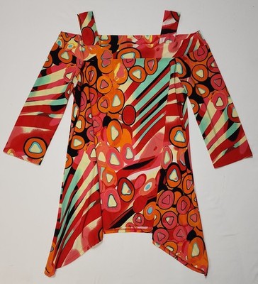 Come N See Women Size L Multicolor 3/4 Sleeve off the Shoulder Top Made in USA
