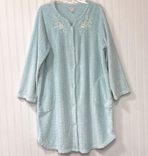 Vtg Miss Elaine Blue Fleece Robe House Coat Size L Snap Front Pockets Has Flaws
