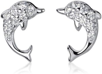 Tiny Dolphin Stud Earrings S925 Sterling Silver Cubic Zirconia Crystal Animal Fi