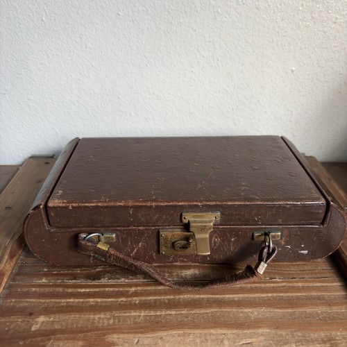 Antique Ladies Vanity Jewelry Box W/ Lock Mirror Brush Brown Leather Vintage