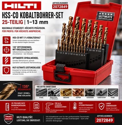 Hilti Kobaltbohrer Set HSS-Co 25-tlg 1-13mm Edelstahl Metall Bohrer #2072849