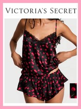 NEW Victoria s Secret Satin Cami Set Lace Trim Black Cherry Print S
