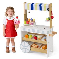 Wooden Ice Cream Cart for Kids 2-in-1 Grocery Store Playset with Display Shelves