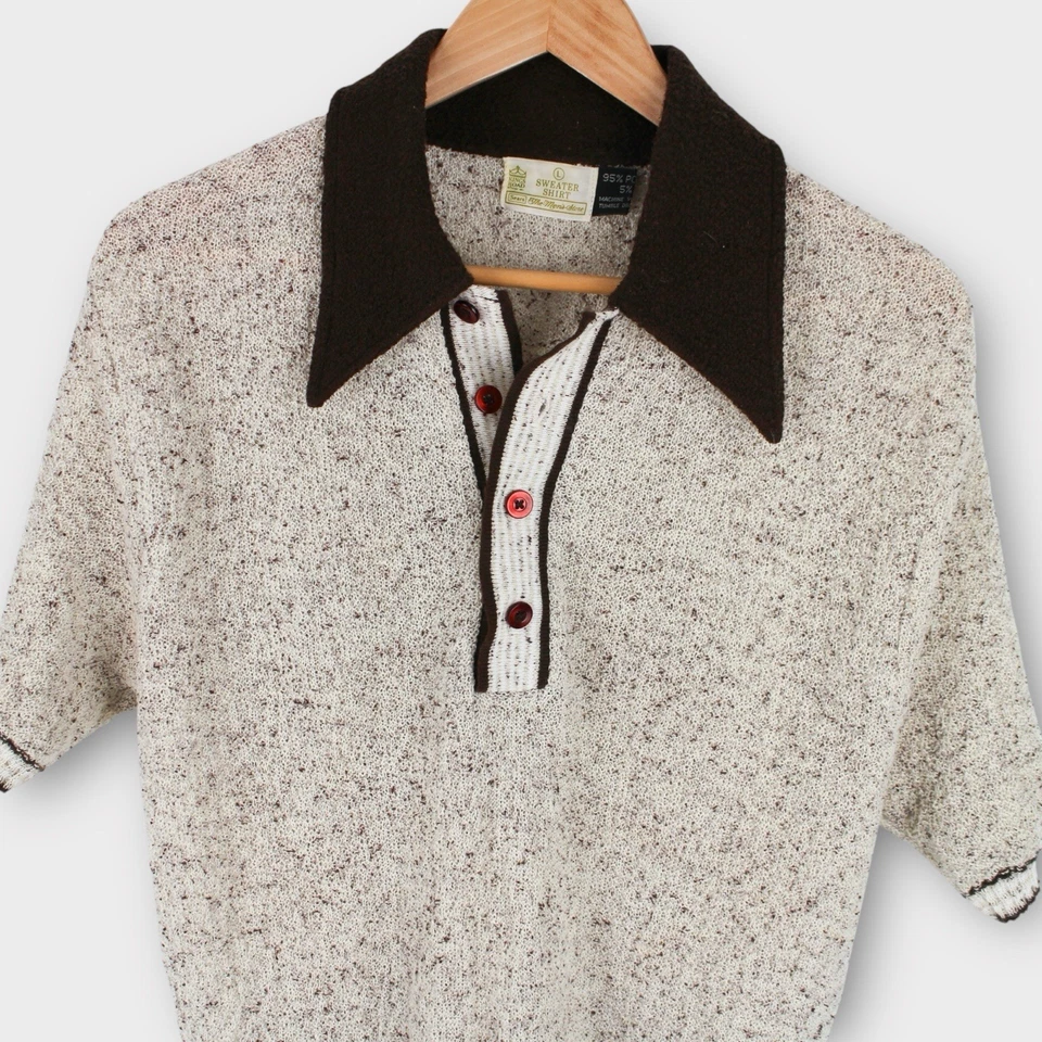 Camisa Suéter Vintage Años 70 Sears Kings Road L Cuello Marrón Manga Corta Tejida Foto 2 de 4